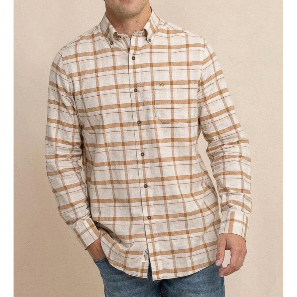 Southern Tide Mens Sand White Plaid Flannel Button Down Shirt 11138 L NEW